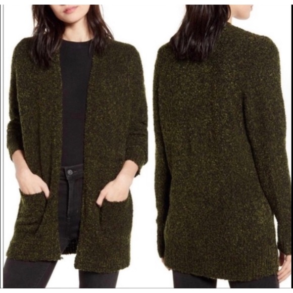 Bp Women's Green Black Bouclé Nubby Knit Open Front Cardigan Size Medium